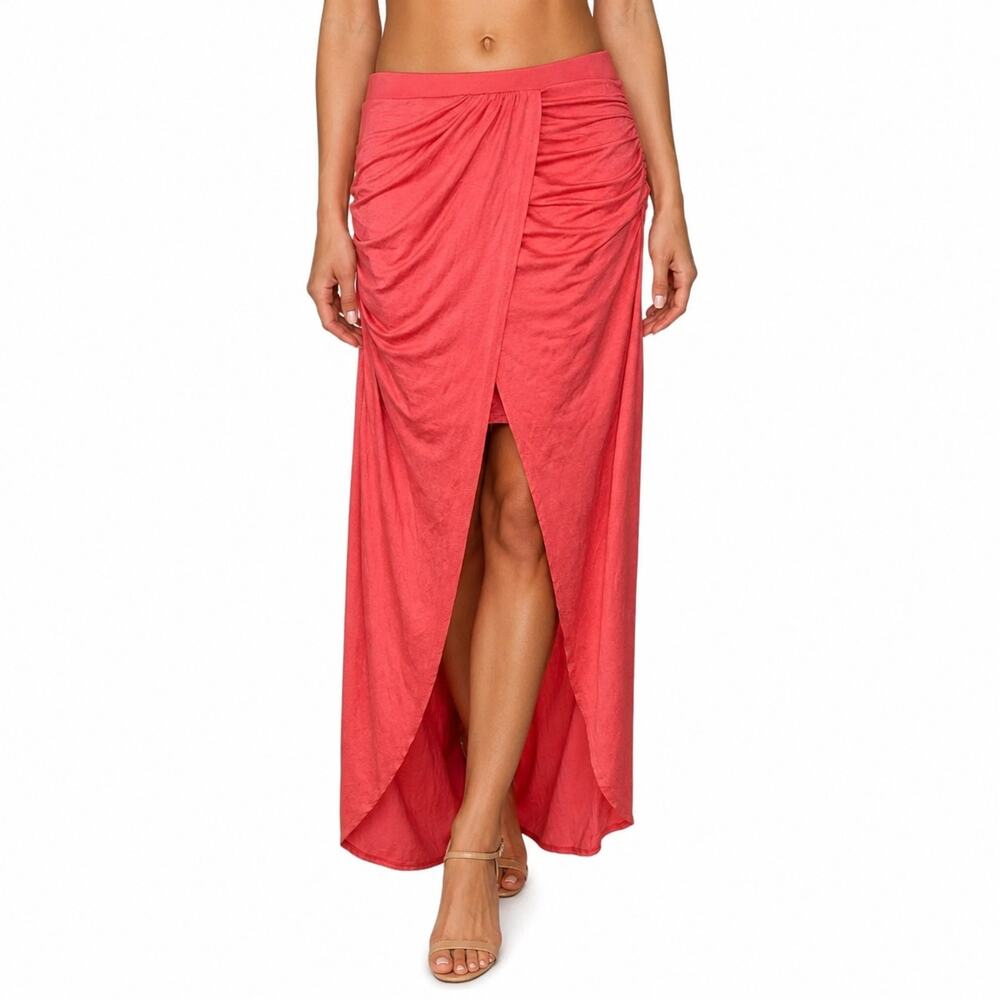 Alloy Apparel Coral Ruched Asymmetrical Maxi Skirt Size Medium Split Front Drape